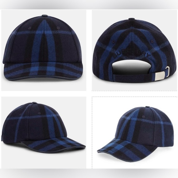 BURBERRY CASHMERE NAVY SIGNATURE CHECKERED PATTERN UNISEX BASEBALL CAP - Picture 4 of 16